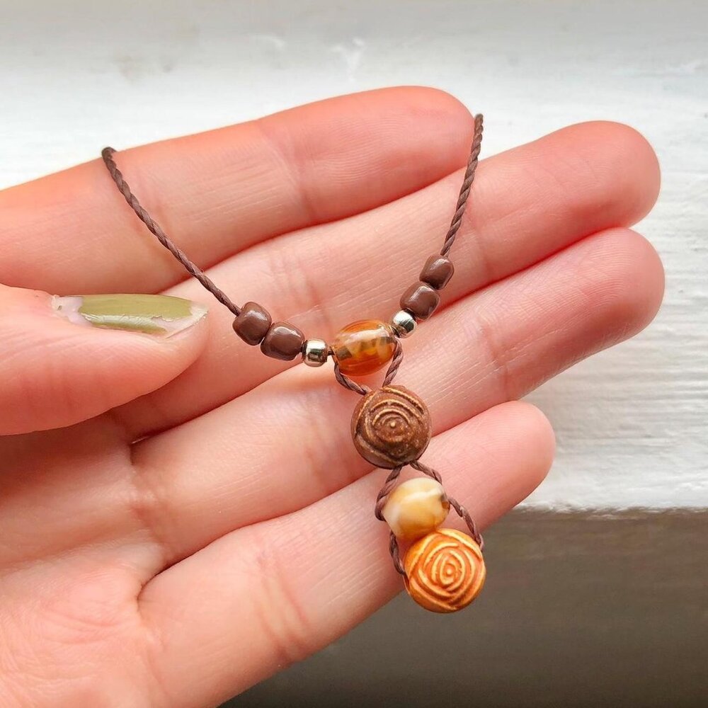 Earthy Grunge Coffee Orange 4 Rose Wooden Beaded Drop (Dark Brown) Necklace - Picture 3 of 4
